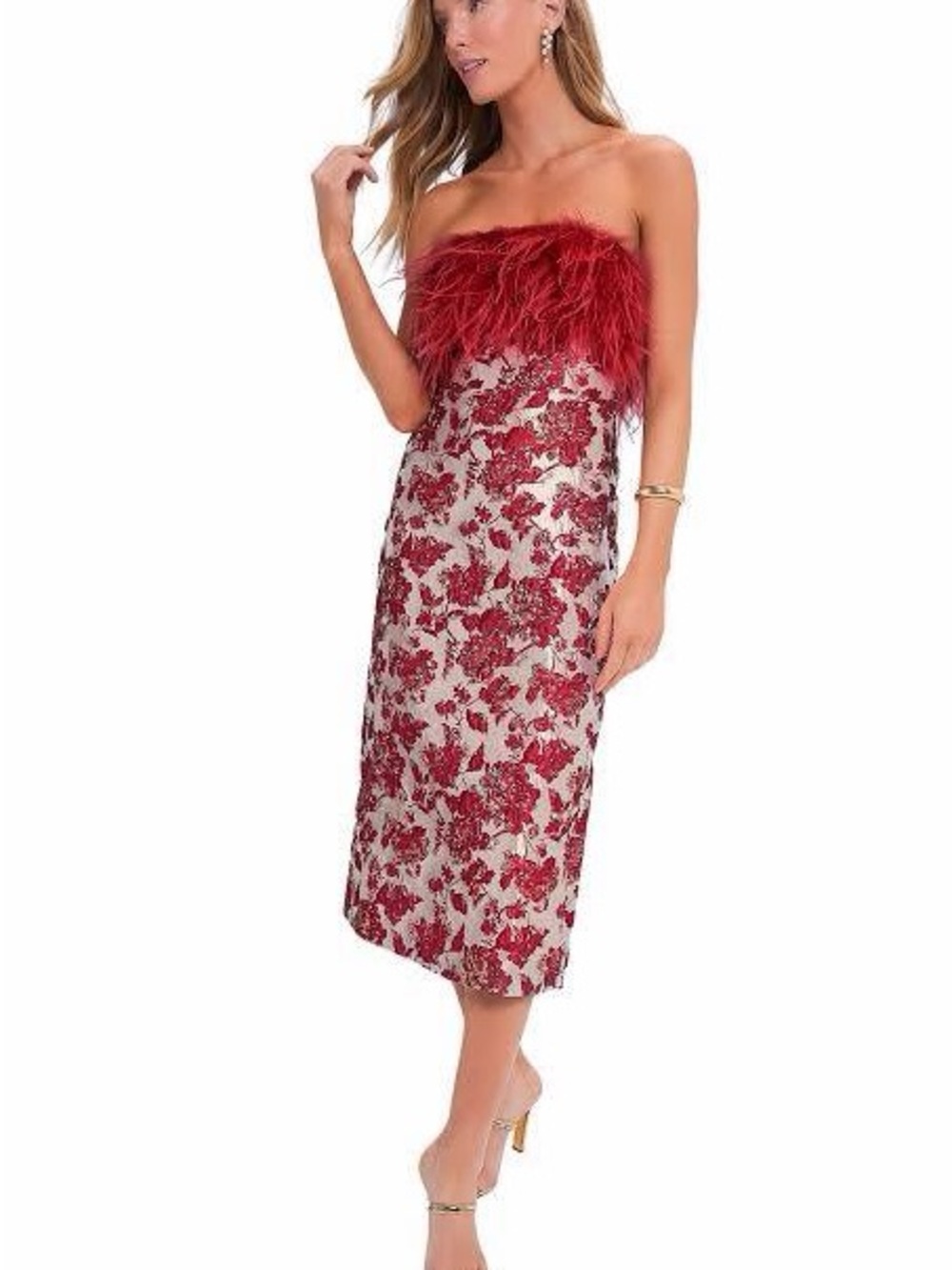 Red Floral Strapless Party Dress with Feather Trim NWT - Picture 3 of 10